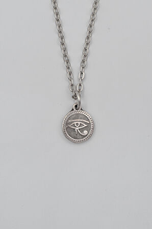 Horus'un Gözü Düz Ezme Zincir Kolye - Antik Gümüş Kaplama - Kadın Erkek - 60 cm