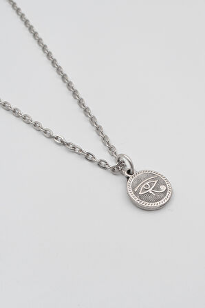 Horus'un Gözü Düz Ezme Zincir Kolye - Antik Gümüş Kaplama - Kadın Erkek - 60 cm