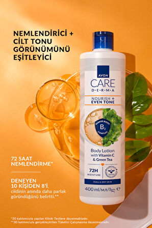 Care Derma Nemlendirici + Cilt Tonu Görünümünü Eşitleyici C Vitamini ve Yeşil Çay İçeren Vücut Losyonu 400ml
