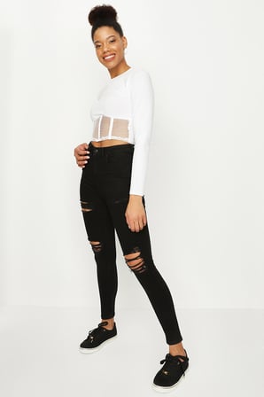 Kadın Yırtık Detaylı Yüksek Bel Skinny Jeans