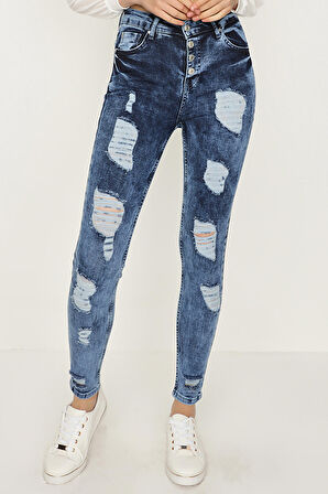 Kadın Yırtık Detaylı Yüksek Bel Skinny Jeans