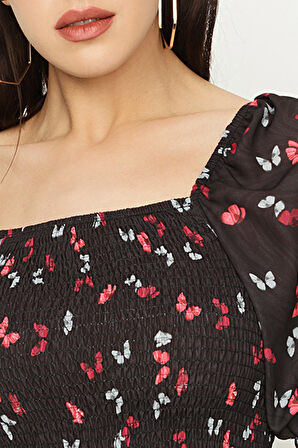 Kadın Çiçek Desenli Kare Yaka Gipeli Bluz