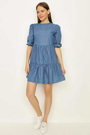 Kadın Balon Kollu Blok Detaylı Denim Elbise