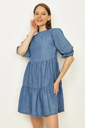 Kadın Balon Kollu Blok Detaylı Denim Elbise