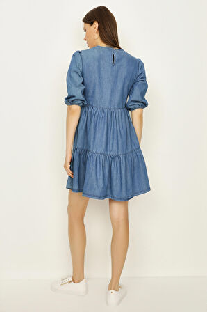 Kadın Balon Kollu Blok Detaylı Denim Elbise