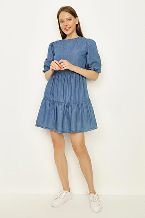 Kadın Balon Kollu Blok Detaylı Denim Elbise