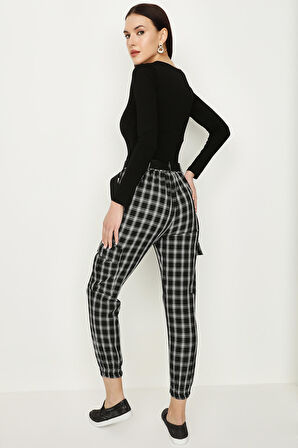 Kadın Kareli Kemerli Paçası Lastikli Kargo Pantolon