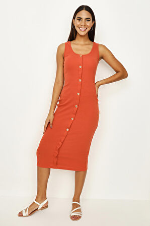 Kadın Fitilli Düğme Detaylı Midi Elbise