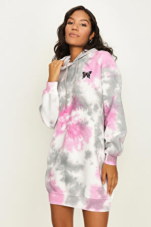 Kadın Batik Desenli Kapüşonlu Sweat Elbise