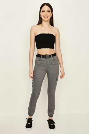 Kadın Kemerli Zincir Detaylı Paçası Lastikli Kargo Pantolon