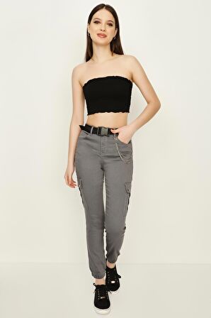 Kadın Kemerli Zincir Detaylı Paçası Lastikli Kargo Pantolon