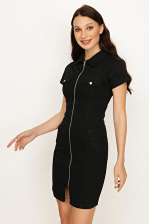 Kadın Fermuar Kapamalı Mini Denim Elbise