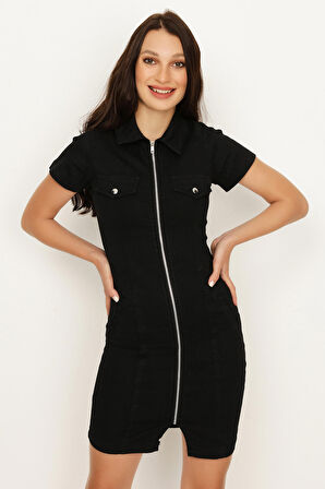 Kadın Fermuar Kapamalı Mini Denim Elbise