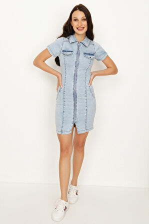 Kadın Fermuar Kapamalı Mini Denim Elbise