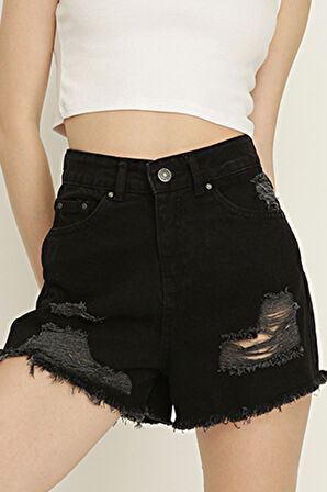 Kadın Yırtık Detaylı Denim Şort