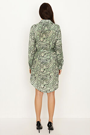 Kadın Desenli Kuşaklı Gömlek Elbise