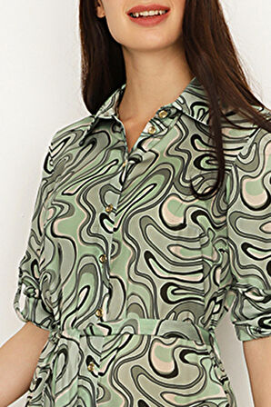 Kadın Desenli Kuşaklı Gömlek Elbise