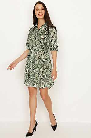 Kadın Desenli Kuşaklı Gömlek Elbise