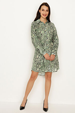 Kadın Desenli Kuşaklı Gömlek Elbise