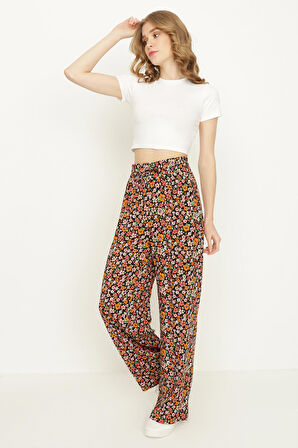 Kadın Çiçek Desenli Geniş Paça Pantolon