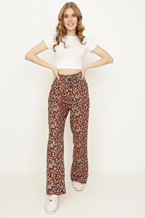Kadın Çiçek Desenli Geniş Paça Pantolon
