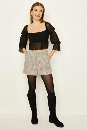 Kadın Ekose Desenli Mini Şort