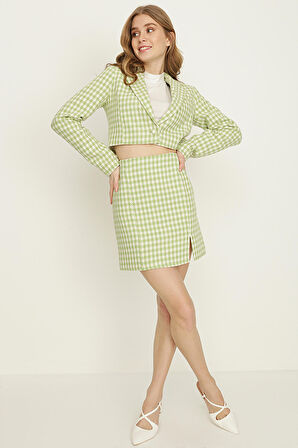 Kadın Kazayağı Desen Yırtmaçlı Mini Etek