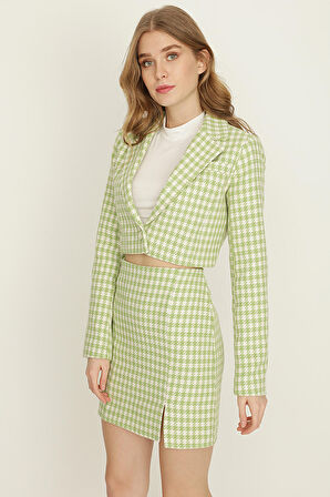 Kadın Kazayağı Desen Yırtmaçlı Mini Etek