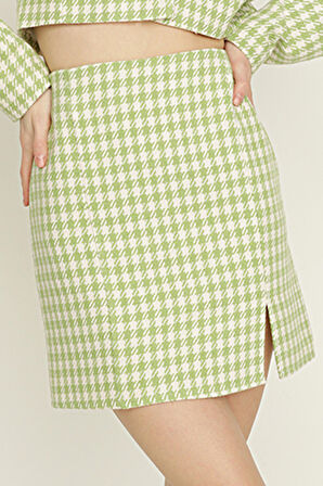 Kadın Kazayağı Desen Yırtmaçlı Mini Etek