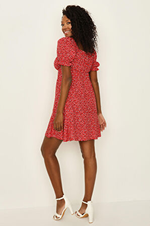 Kadın Desenli Beşgen Yaka Balon Kollu Volanlı Mini Elbise