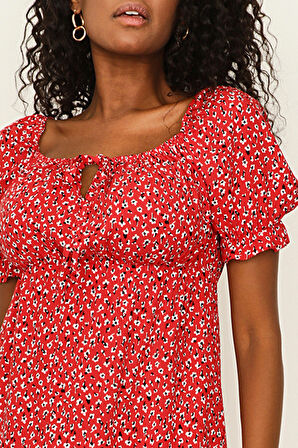 Kadın Desenli Beşgen Yaka Balon Kollu Volanlı Mini Elbise