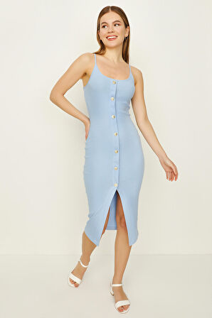 Kadın Askılı Düğme Detaylı Ön Yırtmaçlı Midi Elbise