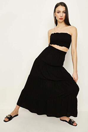 Kadın Beli Lastikli Volanlı Maxi Etek