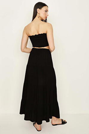 Kadın Beli Lastikli Volanlı Maxi Etek