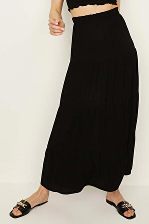 Kadın Beli Lastikli Volanlı Maxi Etek