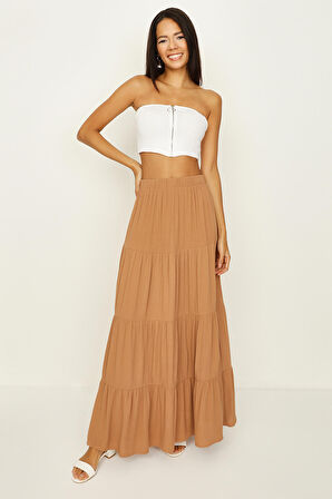 Kadın Beli Lastikli Volanlı Maxi Etek