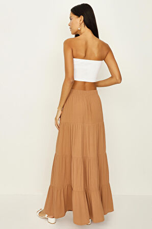 Kadın Beli Lastikli Volanlı Maxi Etek