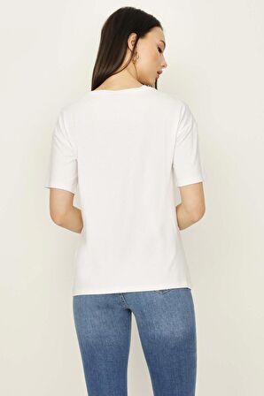 Kadın Taş Baskılı Basic T-shirt