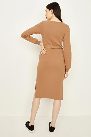 Kadın Beli Kuşaklı Yandan Yırtmaçlı Sweat Elbise