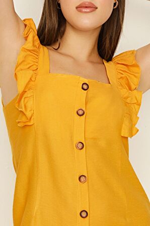 Kadın Kare Yaka Kolları Fırfırlı Elbise