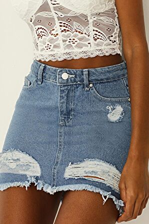 Kadın Yırtık Detaylı Mini Denim Etek