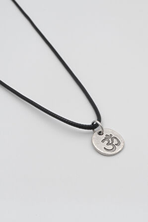 Om Aum Sembolü Siyah Deri İp Kolye - Antik Gümüş Kaplama - Kadın Erkek - 60 cm