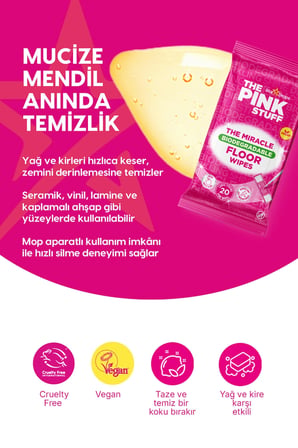 Biyolojik Parçalanabilirli Çok Amaçlı Zemin Temizleme Mendilleri Avantaj Paket 3x20'li Pembe Mendil