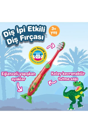 Çocuk Diş İpi Etkili Yumuşak Diş Fırçası - Dinozor - Çiftli Paket - 3-6 Yaş
