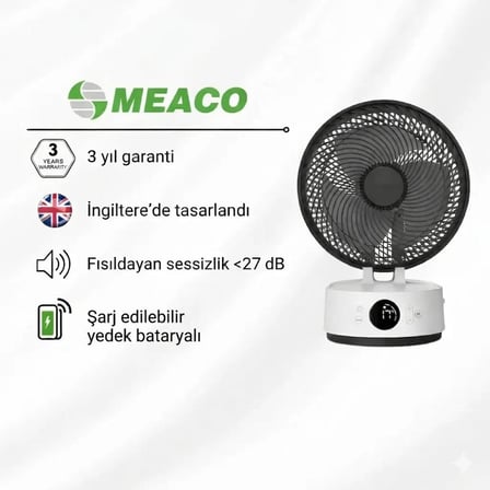 Meaco Sefte® 8" Bataryalı Ultra Sessiz Masaüstü Vantilatör – Uyku Modlu Serinletici Fan