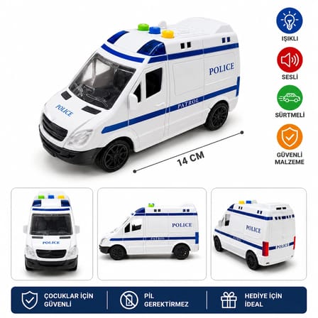 14 cm Işıklı Sesli Sürtme Mekanizmalı Polis Minibüs Oyuncak