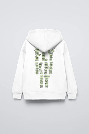 Beyaz Kapüşonlu Collective Yazılı Arka Fly Kn It Yazılı Oversize Çocuk Sweatshirt