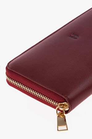 Amelia Hakiki Deri Bordo Kadın Fermuarlı El Işi Rfid Korumalı Büyük Cüzdan