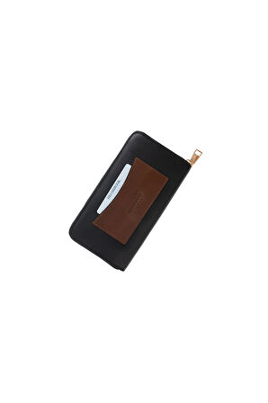 Amelia Hakiki Deri Siyah-Taba Kadın Fermuarlı El Işi Rfid Korumalı Büyük Cüzdan