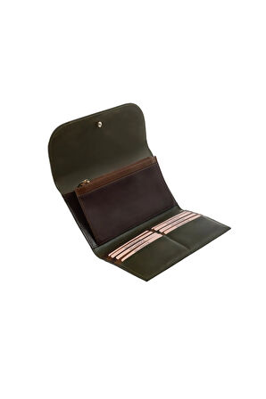 Charlotte Hakiki Deri Haki-Kahve Kadın Fermuarlı El Işi Rfid Korumalı Kapaklı Çıtçıtlı Büyük Cüzdan